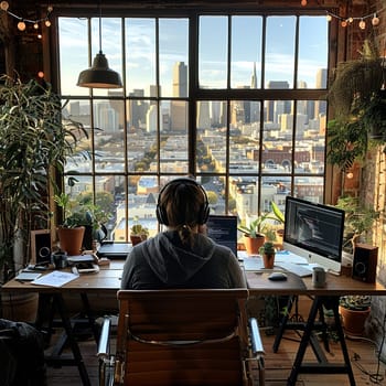 Dedicated Programmer Developing Software in Silicon Valley, A tech wizard codes away in a casual office with iconic tech hub views.