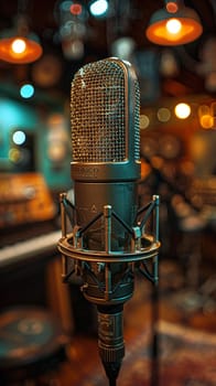 Recording Studio Microphone Captures Melody in Business of Music Production, Pop filters and cables weave a harmonious tale of sound and talent in the music business.