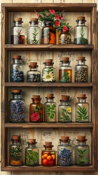 Herbalist's Shop Bottles Botanical Remedies in Business of Natural Healing, Apothecary jars and plant illustrations bottle a story of botanical remedies and wellness in the herbalist's shop business.