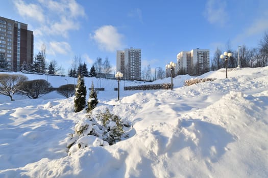 Cityscape with snowdrifts in the Zelenograd in Moscow, Russia