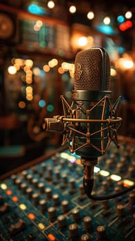 Recording Studio Microphone Captures Melody in Business of Music Production, Pop filters and cables weave a harmonious tale of sound and talent in the music business.