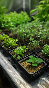 Herb Garden Tends to Culinary Flavors in Business of Gastronomy, Pots and seedlings nurture a plot of flavor and freshness in the culinary business.