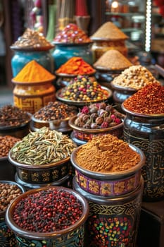 Spice Market Stalls Weave a Tapestry of Aroma in Culinary Business, Containers and scoops sprinkle flavor into the narrative of culinary arts in business.