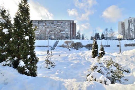 Cityscape with snowdrifts in the Zelenograd in Moscow, Russia