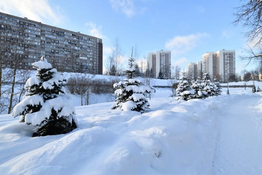 Cityscape with snowdrifts in the Zelenograd in Moscow, Russia