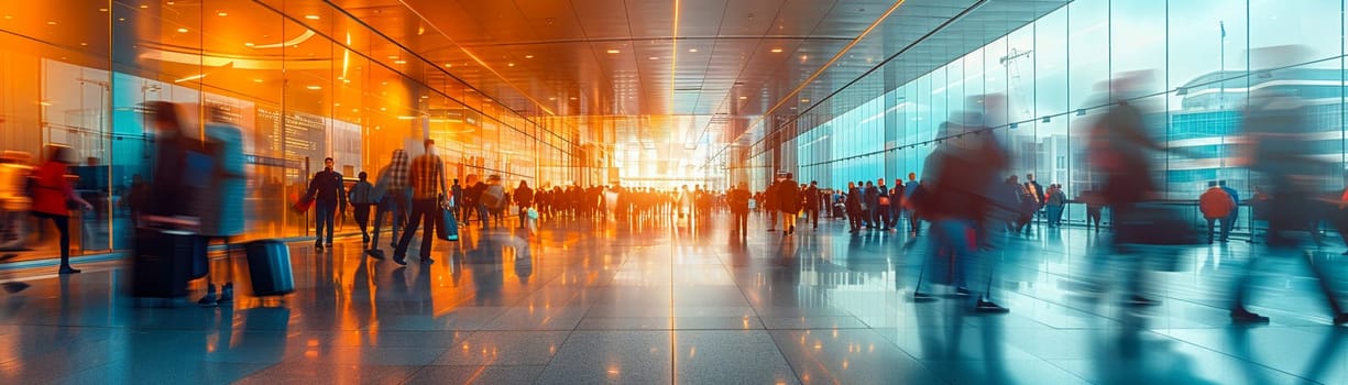 International Airport Lounge Buzzing with Global Business Travelers, Travelers passing through a blur convey the constant movement of international business.