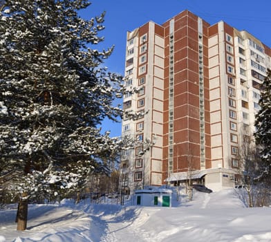 Cityscape with snowdrifts in the Zelenograd in Moscow, Russia