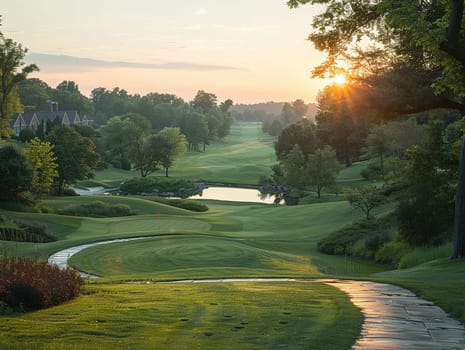 Business Professionals Enjoy Scenic Views During Corporate Golf Outing, Colleagues bond and network against the backdrop of a lush golf course.