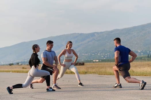 A determined group of athletes engage in a collective stretching session before their run, fostering teamwork and preparation in pursuit of their fitness goals.