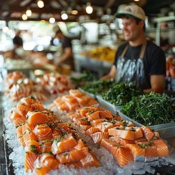 Fresh Seafood Market Nets Ocean Bounty in Business of Fishmongery, Ice beds and fresh catches reel in a story of ocean flavors and market freshness in the seafood business.