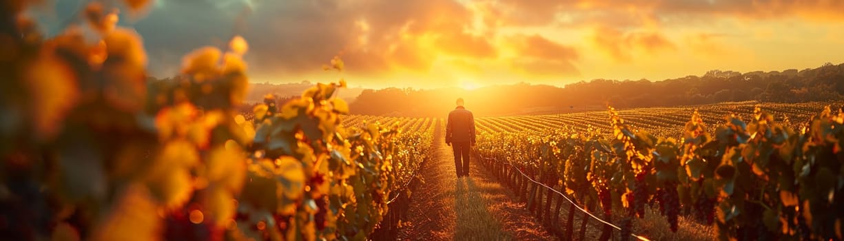 Winemaker Inspects Vineyard for Perfect Business Blend, Rows of vines under the sun compose a vista of dedication to the art of winemaking.