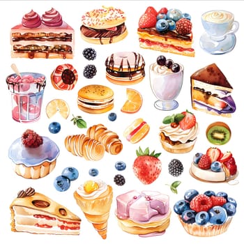 A stunning collection of watercolor paintings featuring delectable desserts and vibrant berries, perfect for food enthusiasts and art lovers alike