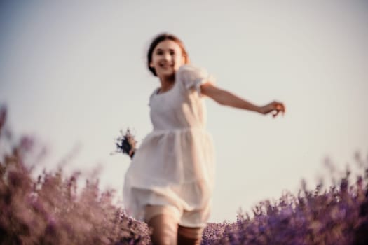 Lavender field happy girl in white dress with a scythe runs through a lilac field of lavender. Aromatherapy travel.