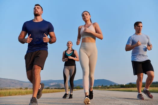 A group of friends maintains a healthy lifestyle by running outdoors on a sunny day, bonding over fitness and enjoying the energizing effects of exercise and nature.