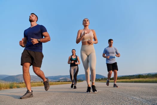 A group of friends maintains a healthy lifestyle by running outdoors on a sunny day, bonding over fitness and enjoying the energizing effects of exercise and nature.