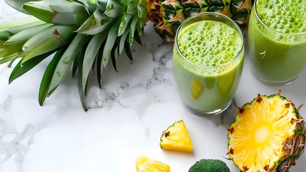 A pineapple and a green smoothie sit in a glass on a table, showcasing the blend of natural foods and plantbased ingredients in this healthy recipe