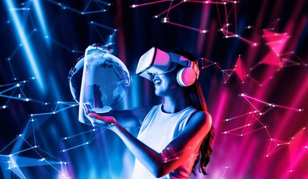Female stand in cyberpunk neon light wear white VR headset and tank top connecting metaverse, future cyberspace community technology. Woman holding and watch 3D global picture hologram. Hallucination.