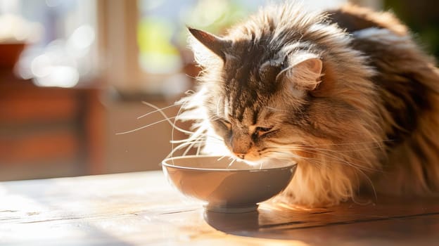 Fluffy domestic cat willingly eats from a ceramic bowl in a cozy kitchen. Pet care, cat food. AI generated.