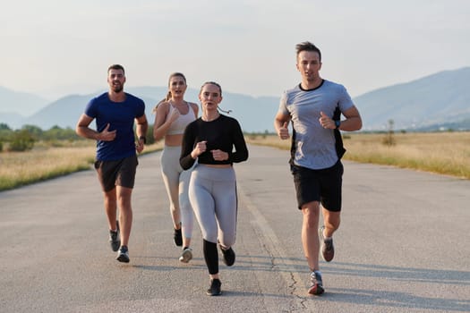 A group of friends maintains a healthy lifestyle by running outdoors on a sunny day, bonding over fitness and enjoying the energizing effects of exercise and nature.