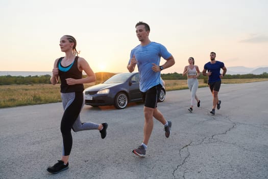 A diverse group of runners finds motivation and inspiration in each other as they train together for an upcoming competition, set against a breathtaking sunset backdrop.