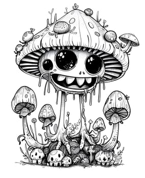 A monochrome illustration of a mushroom with skulls for the heads. The drawing features a circular pattern of bones on the cap, creating a haunting art piece