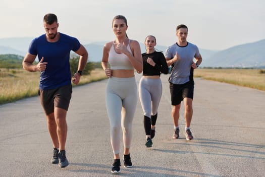 A group of friends maintains a healthy lifestyle by running outdoors on a sunny day, bonding over fitness and enjoying the energizing effects of exercise and nature.