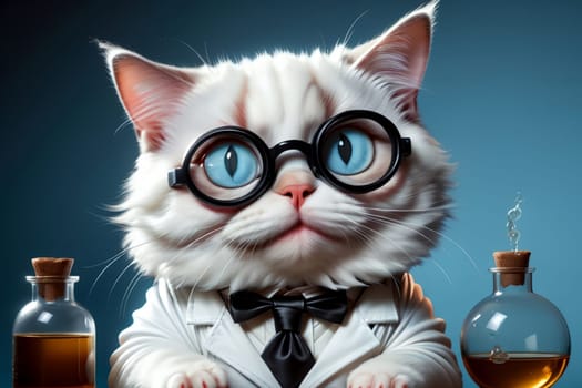Biochemist cat in uniform with flasks .