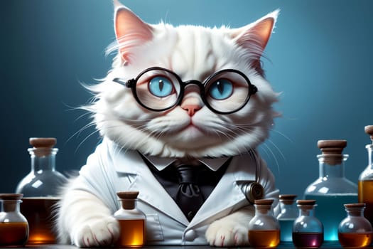 Biochemist cat in uniform with flasks .