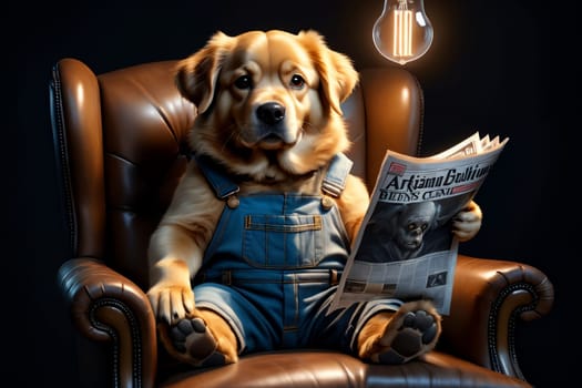 smart fat dog in a chair reading a newspaper.