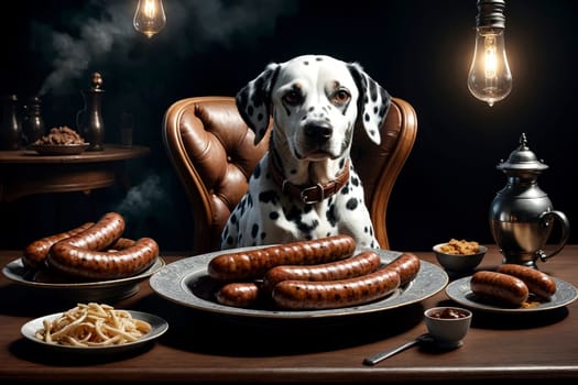 Dalmatian dog sits on a chair at the table in front of sausages on a plate .