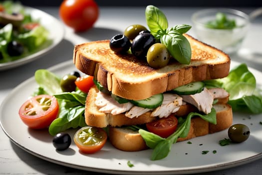 fried toast with lettuce, cucumbers, chicken and other vegetables .