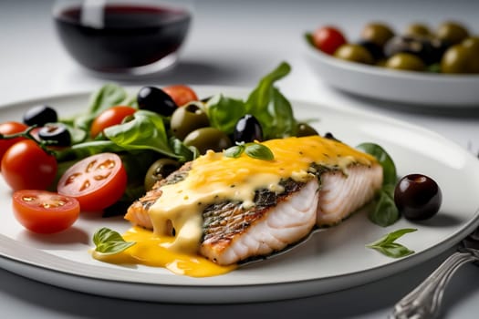 baked fish with cheese and spices, with vegetables in a plate.