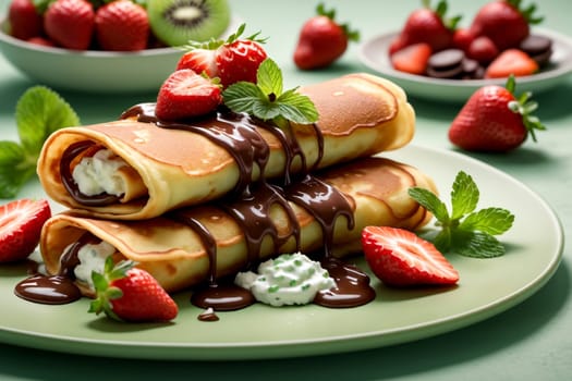 thin pancakes with fresh strawberries, kiwi, cottage cheese, in a plate .