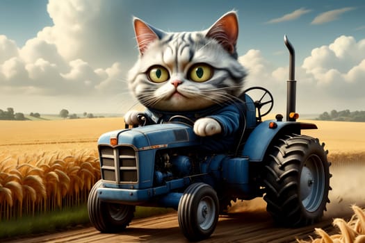 hardworking cat driving a tractor in the field, tractor driver .