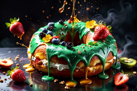 donuts in multi-colored glaze with berries on a black background .