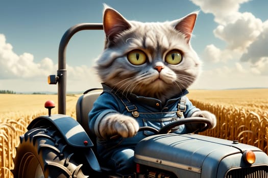 hardworking cat driving a tractor in the field, tractor driver .