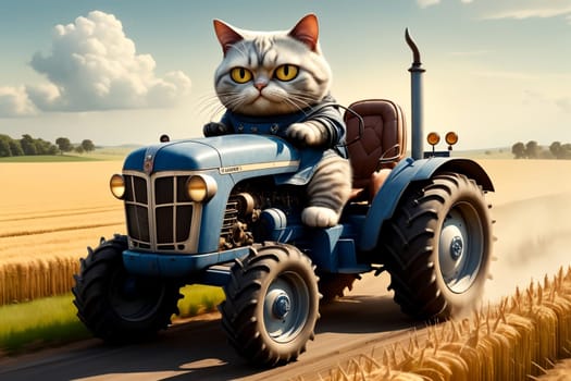hardworking cat driving a tractor in the field, tractor driver .
