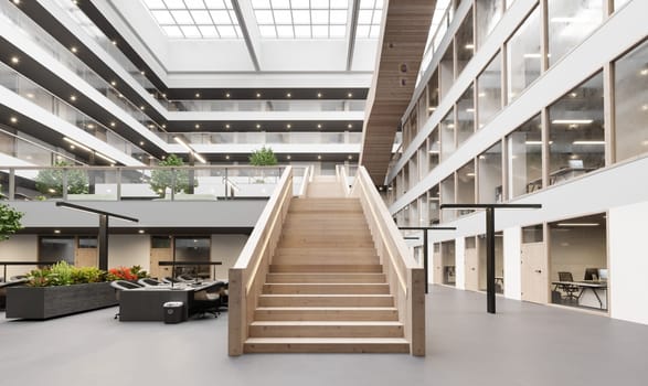 3d rendering interior of a modern office building with stairway