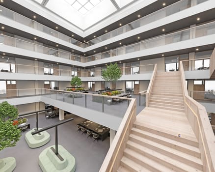 3d rendering interior of a modern office building with stairway