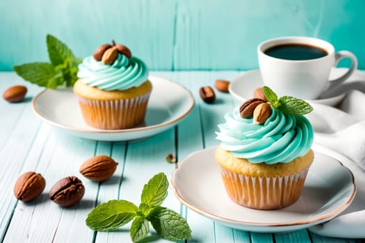 sweet muffins with cream, nuts on a wooden table .