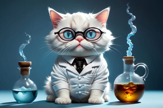 Biochemist cat in uniform with flasks .