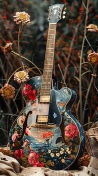 A guitar with flowers painted on it is nestled among a field of blossoming flowers, creating a serene and picturesque scene
