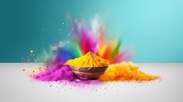 Abstract art powder paint on white background. Colorful powder splatted background for Holi celebration.