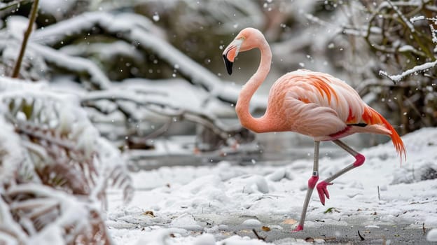 Flamingo walking on snowy ground AI