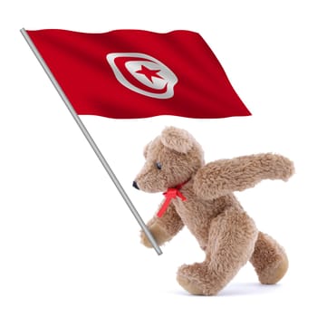 A Tunisia flag being carried by a cute teddy bear