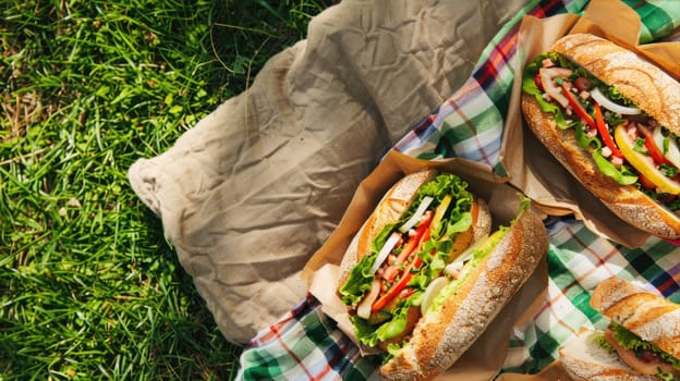 Fresh tasty sandwiches on craft paper on a blanket on the grass during a picnic. View from above AI