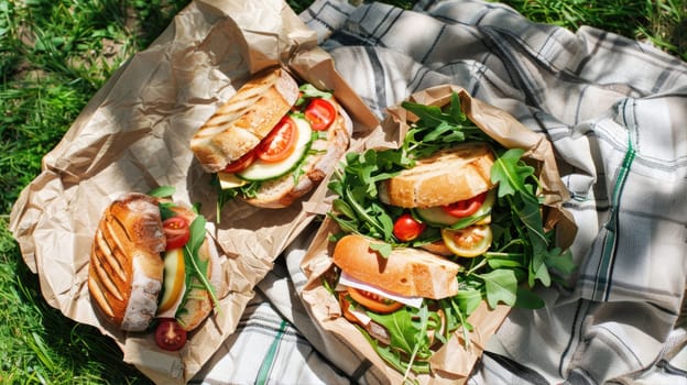 Fresh tasty sandwiches on craft paper on a blanket on the grass during a picnic. View from above AI