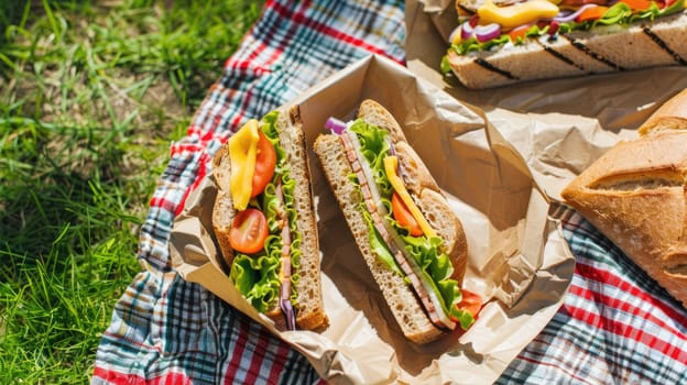 Fresh tasty sandwiches on craft paper on a blanket on the grass during a picnic. View from above AI