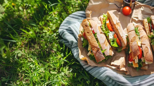 Fresh tasty sandwiches on craft paper on a blanket on the grass during a picnic. View from above AI