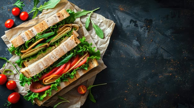 Fresh tasty sandwiches on craft paper on a dark background AI